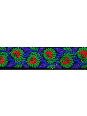 Jet-Black Fabric Border with Parsi Embroidered Flowers