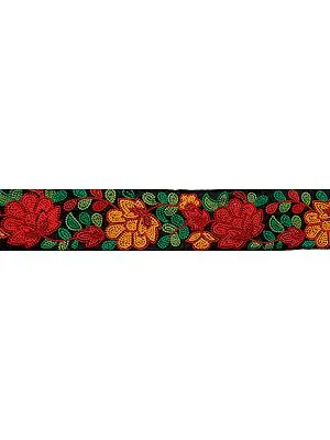 Jet-Black Fabric Border with Aari Embroidered Flowers