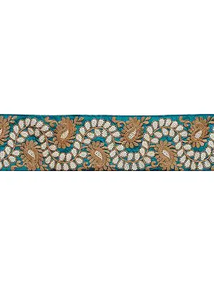 Peacock-Blue Wide Fabric Border with Emboridered Paisleys