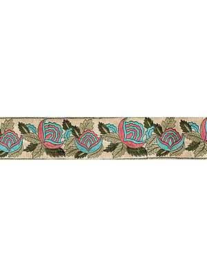 Purchment Fabric Border with Aari Embroidered Flowers and Leaves