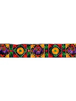 Jet-Black Fabric Border Embroidered with Elephants and Flowers