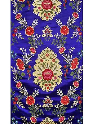 Royal-Blue Brocade Fabric from Banaras with Hand-woven Roses