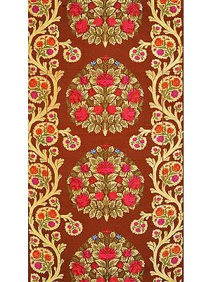 Rawhide-Brown Fabric with from Banaras with Hand-Woven Roses