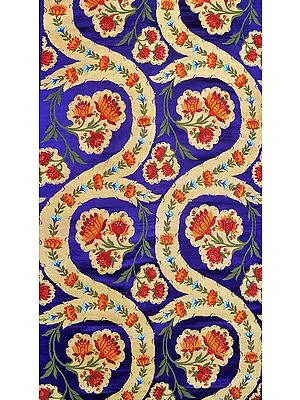 Deep-Ultramarine Brocade Fabric from Banaras with Hand-woven Lotuses and Zari Weave