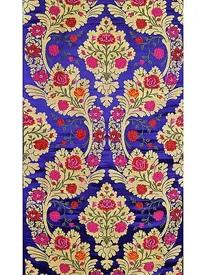 Mazarine-Blue Tibetan Brocade Fabric from Banaras with Hand-woven Roses