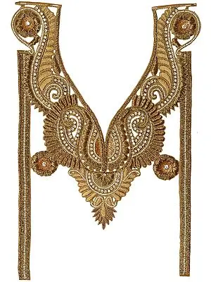 Golden Zardozi Paisleys Neck and Sleeves Patch with Cut-work