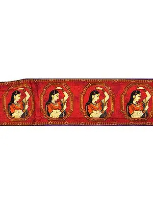 Claret-Red Fabric Border with Digital-Printed Women Applying Vermilion