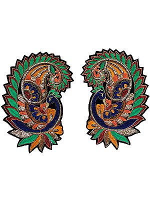 Pair of Embroidered Peacock Paisley Large Patches with Sequins
