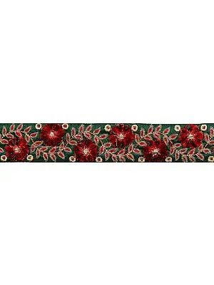 Green and Red Narrow Embroidered Fabric Border with Velvet Flowers