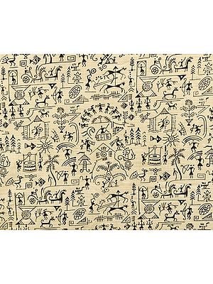 Almond-Oil Fabric from Jharkhand with Printed Warli Folk Motifs