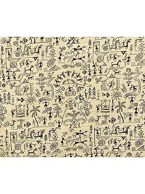Almond-Oil Fabric from Jharkhand with Printed Warli Folk Motifs