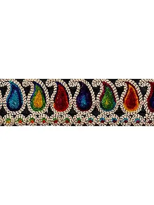 Multicolor Fabric Border with Embroidered Paisleys in Velvet Thread