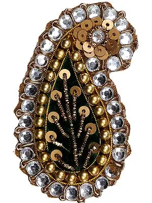 Golden and Green Small Paisley Patch with Beads