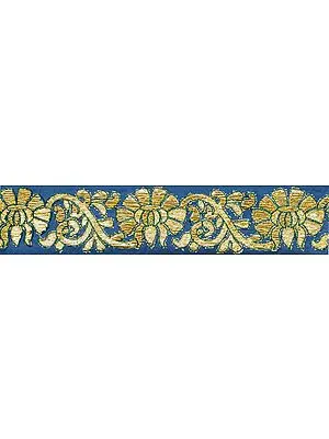 Dutch-Blue Fabric Border with Floral Embroidery in Golden Thread