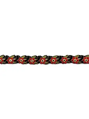 Black and Red Narrow Fabric Border with Embroidered Flowers and Mirrors