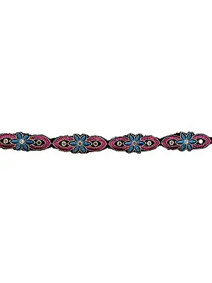 Pink and Blue Embroidered Narrow Fabric Border with Cut-work and Mirrors