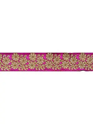Vivid-Viola Fabric Border with Embroiderd Flowers in Golden Thread