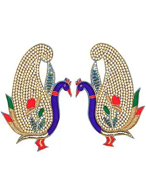 Golden and Blue Pair of Zardozi Peacock Patches with Embellished Crystals