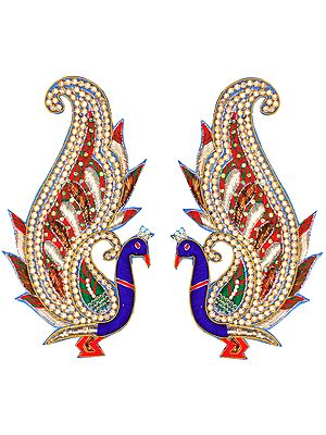Pair of Zardozi Peacock Patches with Embellished Crystals and Sequins
