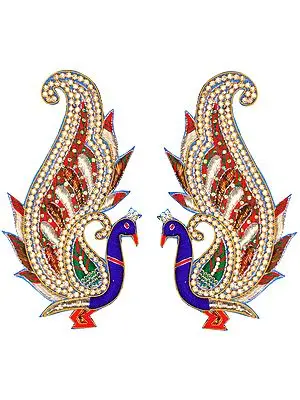 Pair of Zardozi Peacock Patches with Embellished Crystals and Sequins