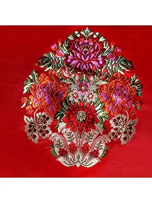 Poppy-Red Brocade Patch from Banaras with Hand-Woven Flowers