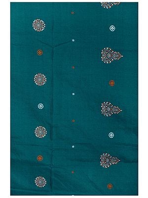 Shaded-Spruce South-Cotton Handloom Fabric from Karnataka with Hand-Woven Motifs