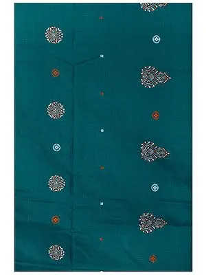 Shaded-Spruce South-Cotton Handloom Fabric from Karnataka with Hand-Woven Motifs