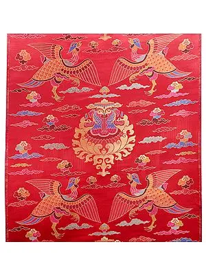 Racing-Red Handloom Brocade Silk Fabric from Banaras with Auspicious Tibetan Motifs