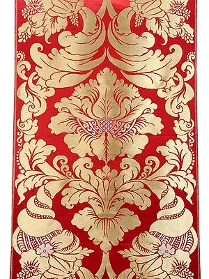 Red and Gold Damask Polysilk Brocade Fabric with Giant Tibetan Motifs
