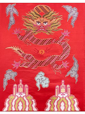 Chinese-Red Hand-woven Tibetan Dragon Brocade Patch from Banaras