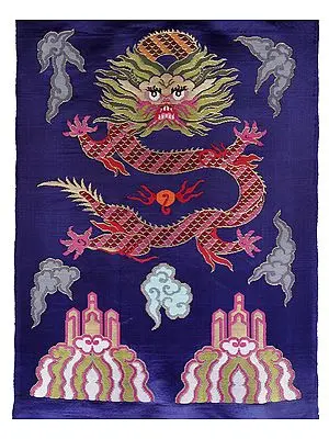 Deep-Ultramarine Hand-woven Tibetan Dragon Brocade Patch from Banaras