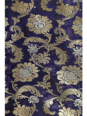 Mystical-Blue Kim Khwab Handloom Silk Fabric from Banaras with Floral Patterns