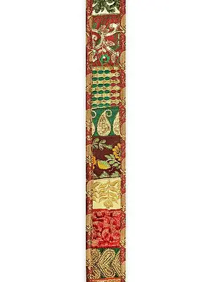 Garnet-Rose Embroidered Fabric Border with Patchwork and Self-Weave