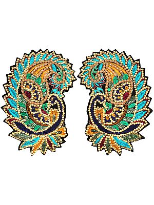 Pair of Embroidered Peacock Paisley Patches with Sequins