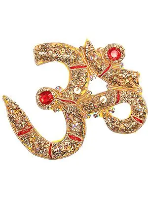 Pair of Golden Zardozi Auspicious Om (AUM) Patches with Sequins