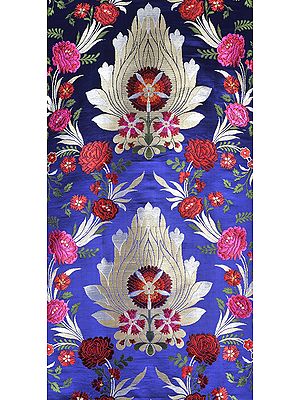 Skipper-Blue Tibetan Brocade Fabric from Banaras with Hand Woven Roses All-Over