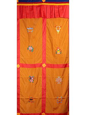 Tibetan Buddhist Altar Curtain with  Embroidered Ashtamangala (Eight Auspicious Symbols of Buddhism, Tib. bkra shis rtags brgyad)