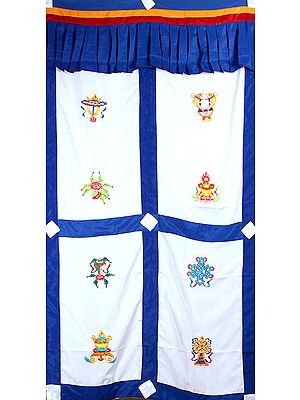 Embroidered Ashtamangala (Eight Auspicious Symbols of Buddhism, Tib. bkra shis rtags brgyad) - Tibetan Altar Curtain