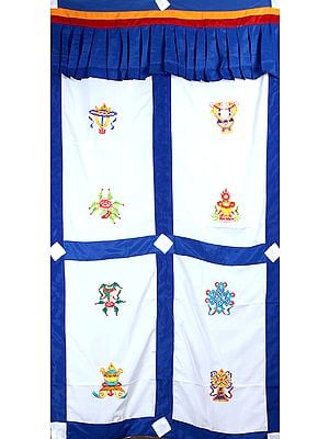 Embroidered Ashtamangala (Eight Auspicious Symbols of Buddhism, Tib. bkra shis rtags brgyad) - Tibetan Altar Curtain