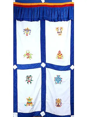 Embroidered Ashtamangala (Eight Auspicious Symbols of Buddhism, Tib. bkra shis rtags brgyad) - Tibetan Altar Curtain