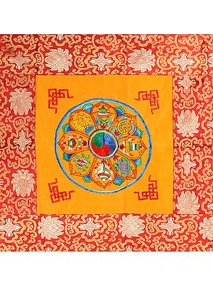 Mandala of Ashtamangala (Eight Auspicious Symbols of Buddhism, Tib. bkra shis rtags brgyad) with Woven Auspicious Tibetan Symbols - Altar Cloth
