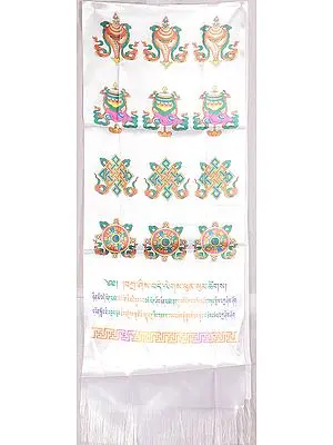 Khata (Ceremonial Scarf) with Auspicious Symbols and Syllable Mantras