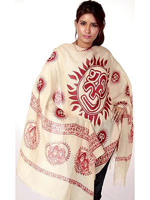 Beige Sanatana Dharma Prayer Shawl with Large Printed Om