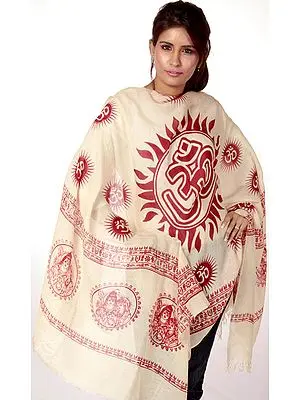 Beige Sanatana Dharma Prayer Shawl with Large Printed Om