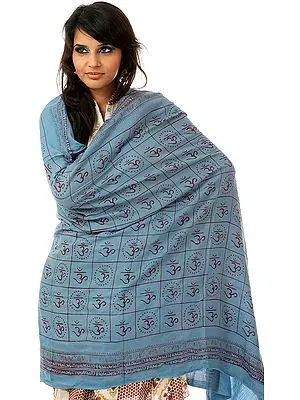 Blue Hindu Prayer Shawl with Printed Om