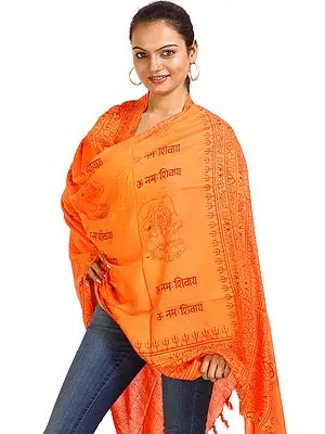 Orange Om Namah Shivai Shawl with Printed Shiva Figures