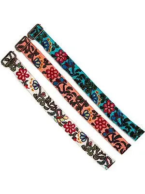 Lot of Three Canvas Waist Belts with Floral Embroidery