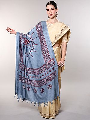 Pale-Marigold Prayer Shawl Printed Goddess Durga Figure