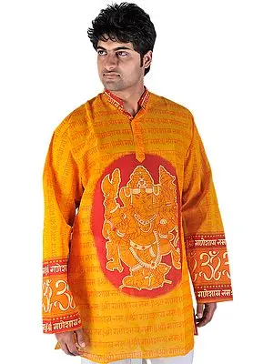 Saffrom Hindu Kurta with Printed Om Shri Ganeshai Namah Mantra