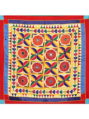 Multi-Color Antiquated Wall Hanging from Kutch with Embroidered Flowers